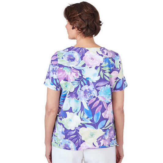 Alfred Dunner Women's Pleated Neck Floral Short Sleeve Tee