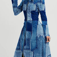 Ursime Denim Print Patchwork Zipper Long Sleeve Maxi Dress