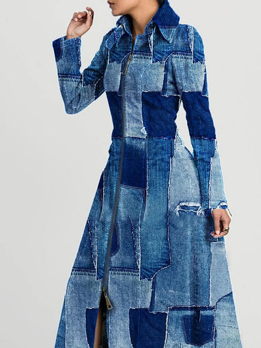 Ursime Denim Print Patchwork Zipper Long Sleeve Maxi Dress