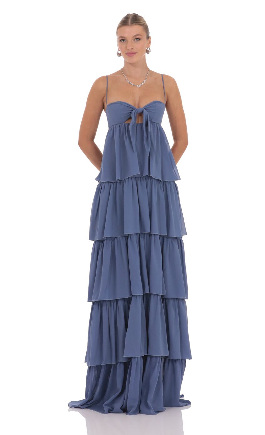 Lucy In The Sky Chiffon Front Tie Ruffle Dress in Denim Blue