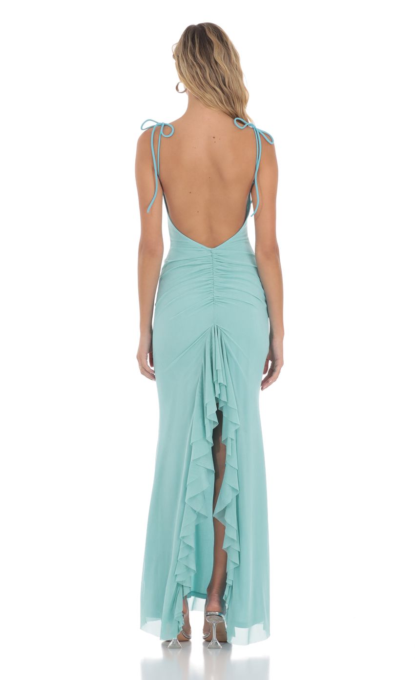 Lucy in the Sky Mesh Open Back Maxi Dress in Aqua
