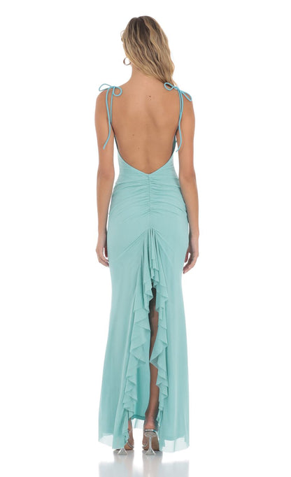 Lucy In The Sky Mesh Open Back Maxi Dress in Aqua