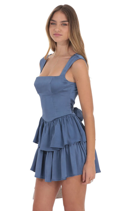 Lucy In The Sky Satin Wide Strap Ruffle Dress in Denim Blue