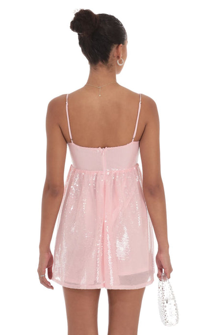 Lucy In The Sky Sequin Front Bow Babydoll Dress in Pink