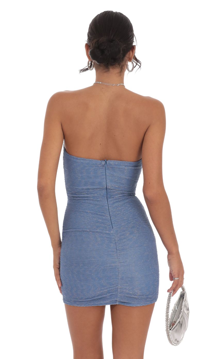 Lucy In The Sky Pleated Shimmer Ruched Strapless Dress in Blue