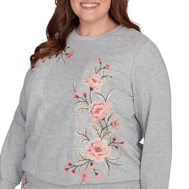 Alfred Dunner Women's Cozy Floral Embroidered Long Sleeve Top