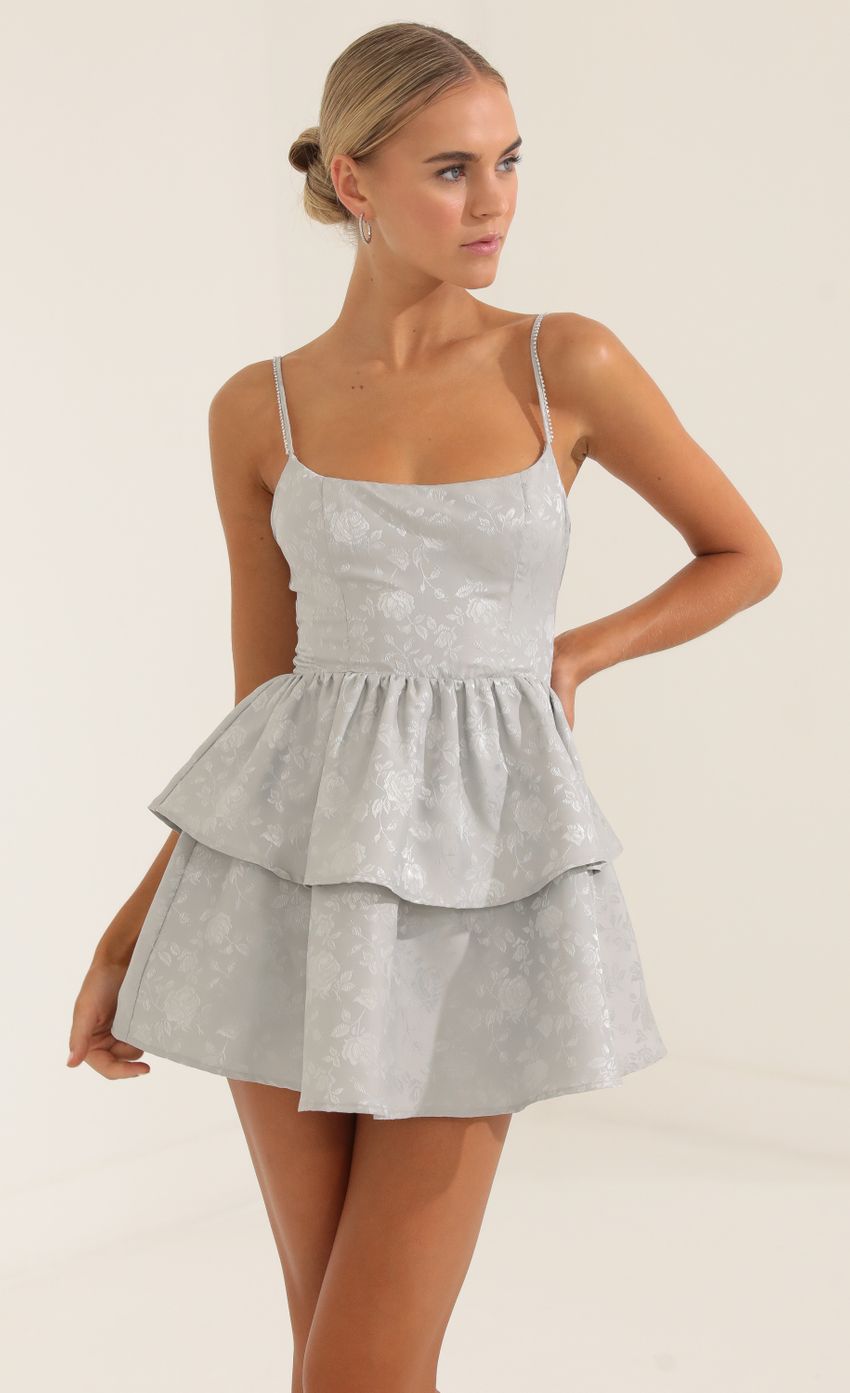 Lucy In The Sky Floral Jacquard Ruffle Dress in Grey