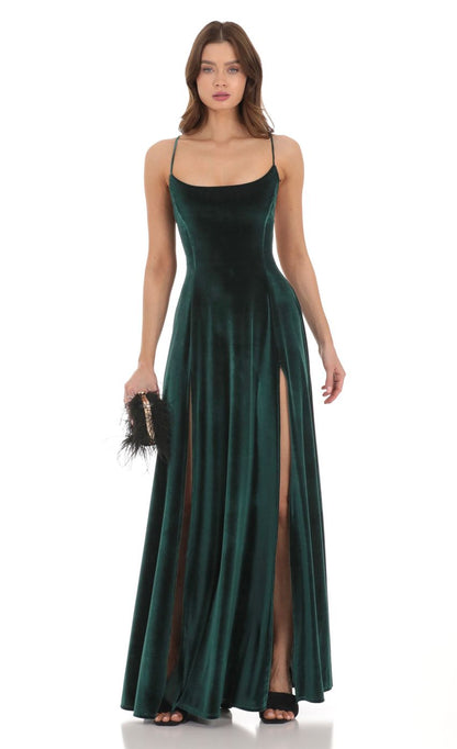 Lucy In The Sky Velvet Double Slit Maxi Dress in Green