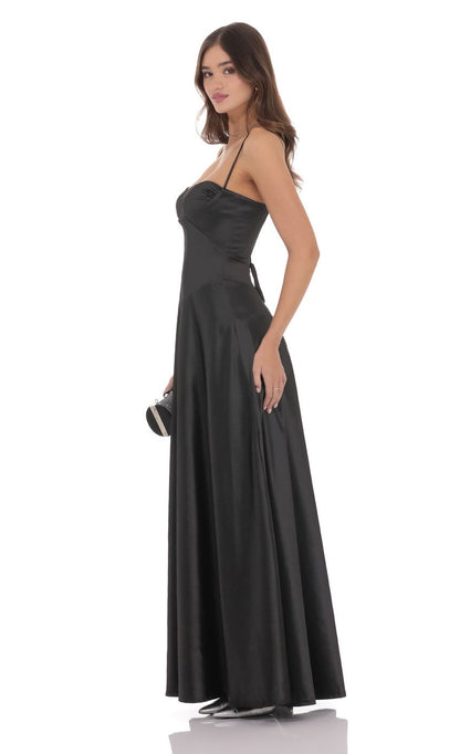 Lucy In The Sky Satin Square Neck Maxi Dress in Black