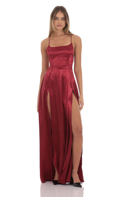 Lucy In The Sky Satin Double Slit Maxi Dress in Deep Red