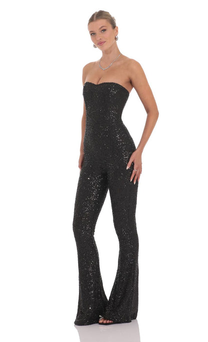 Lucy In The Sky Sequin Strapless Corset Jumpsuit in Black