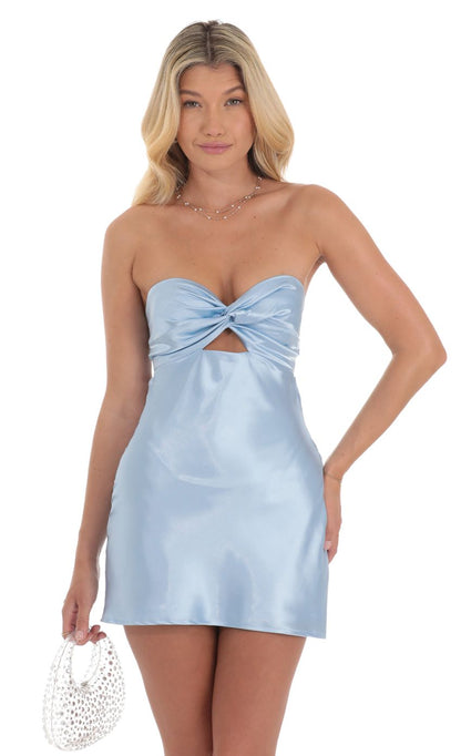 Lucy In The Sky Satin Strapless Twist Cutout Dress in Light Blue