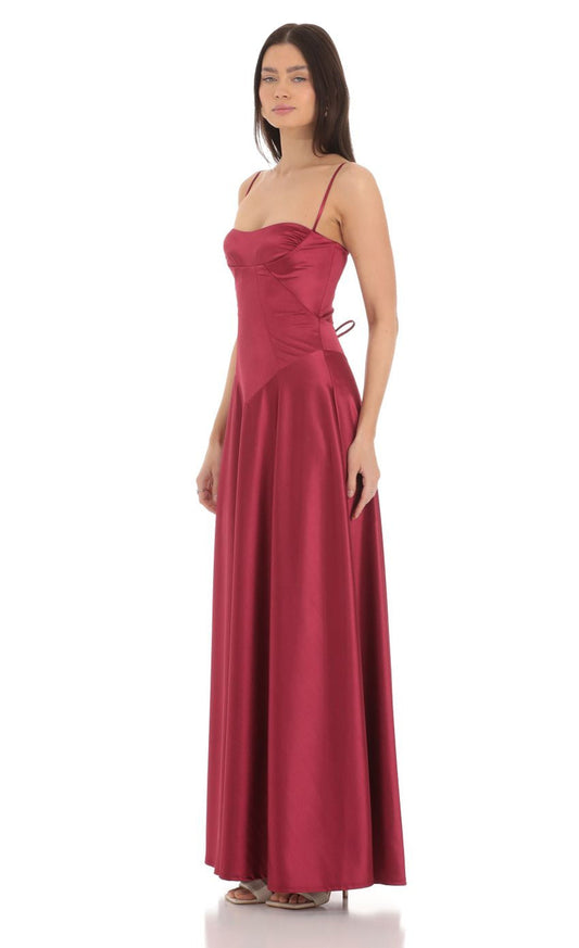 Lucy in the Sky Satin Square Neck Maxi Dress in Maroon