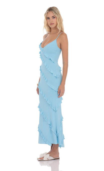 Lucy In The Sky Ruffle V-Neck Maxi Dress in Sky Blue