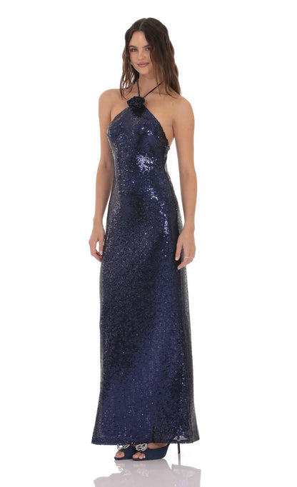 Lucy In The Sky Sequin Florette Halter Maxi Dress in Navy
