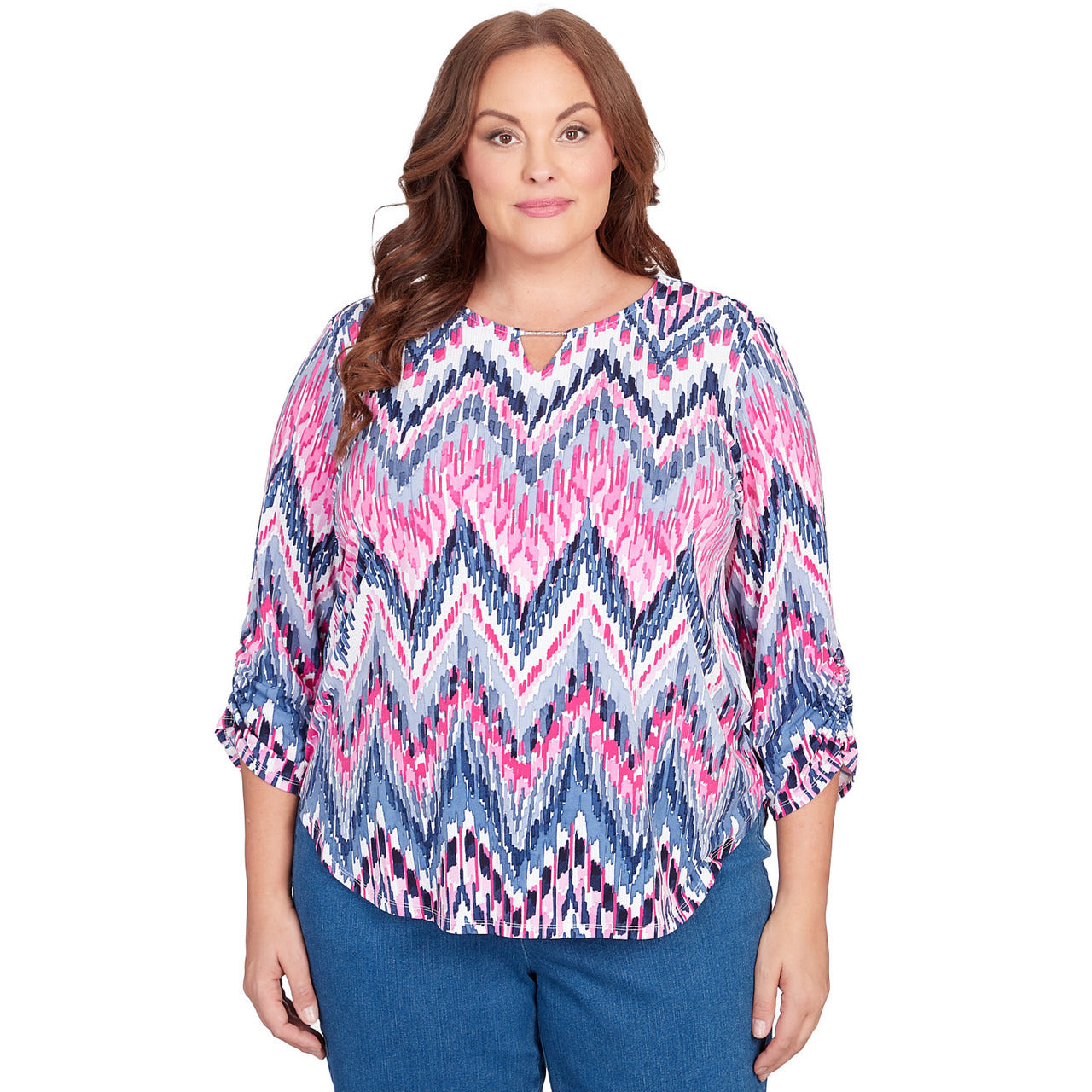 Alfred Dunner Women's Puff Print Ikat Chevron Split Neck Top