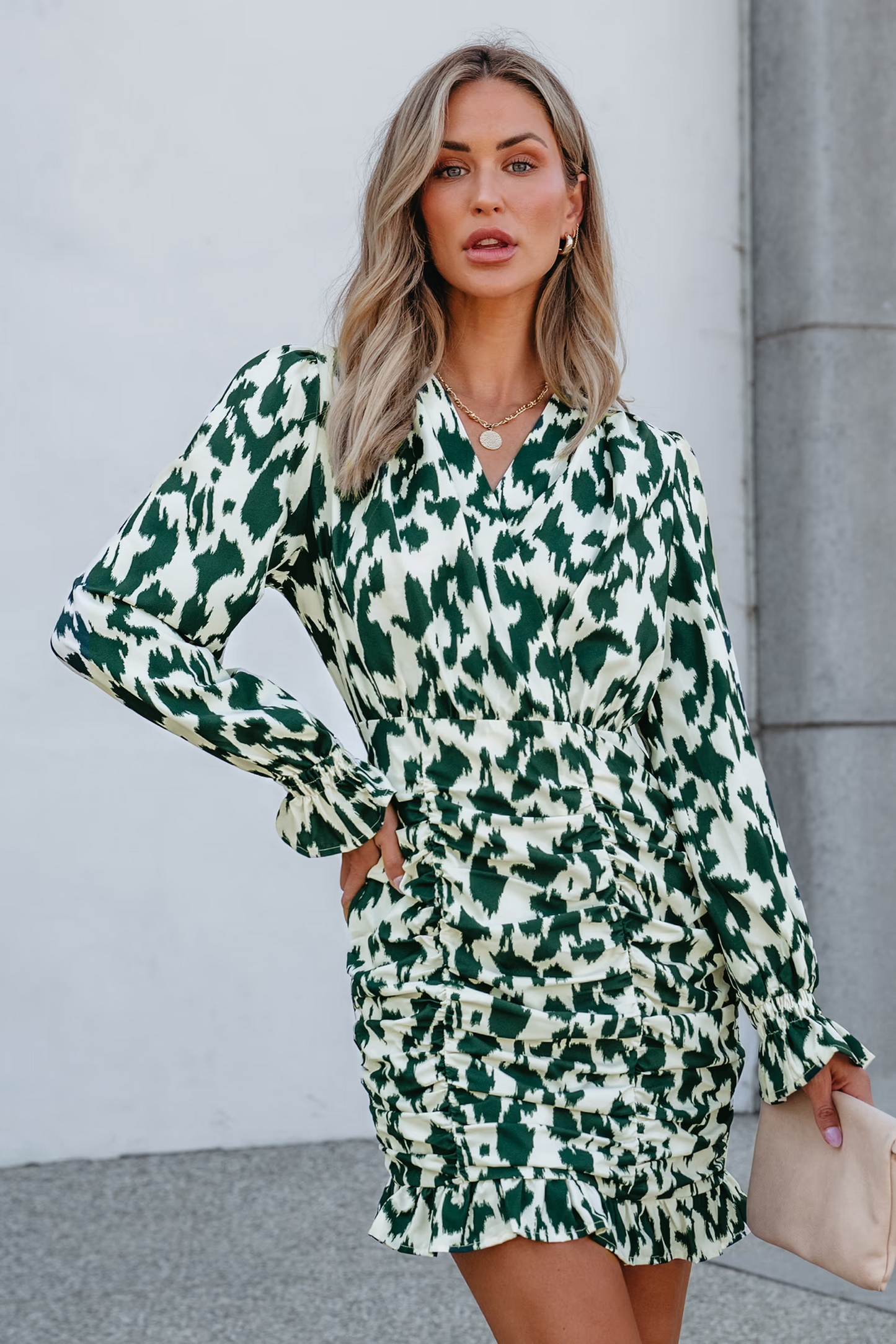 Cupshe Green Abstract Leopard Print Poet Sleeve Shirred Mini Dress