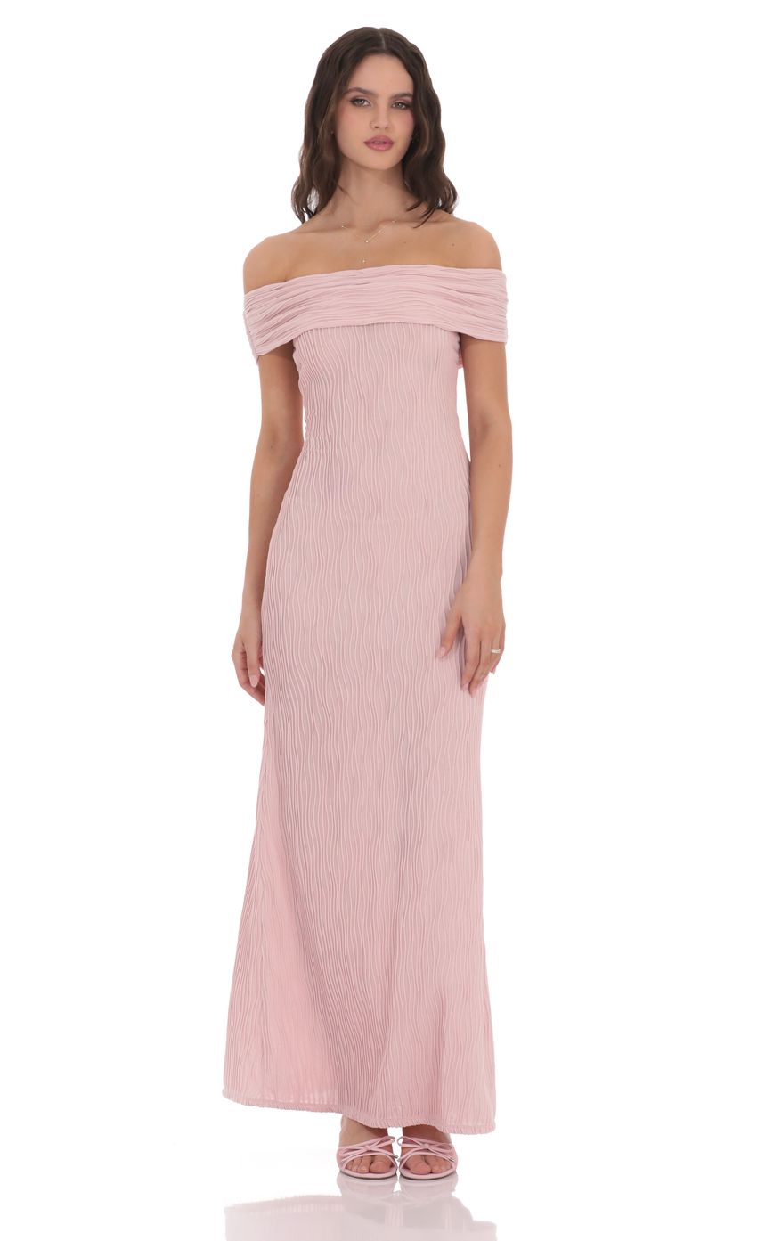 Lucy In The Sky Textured Off Shoulder Maxi Dress in Blush Pink