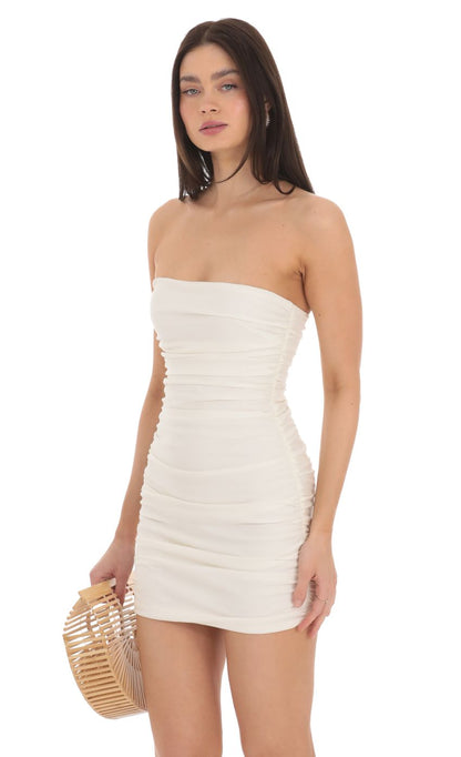 Lucy In The Sky Strapless Ruched Bodycon Dress in Ivory