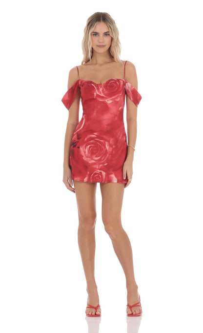 Lucy In The Sky Rose Off Shoulder Dress in Red