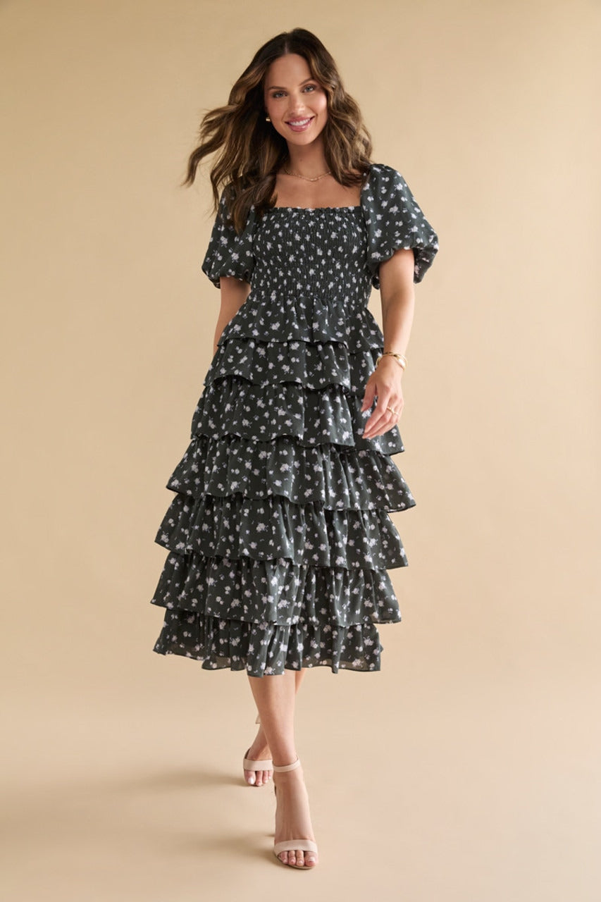 Francesca's Alissa Multi Tiered Floral Midi Dress