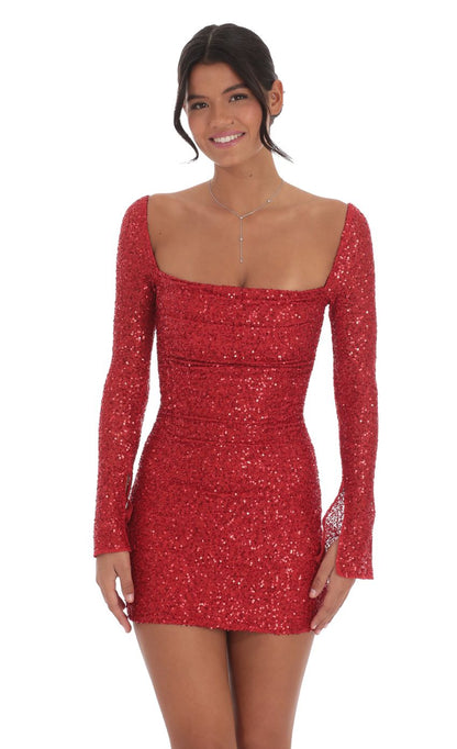 Lucy In The Sky Sequin Long Sleeve Dress in Red