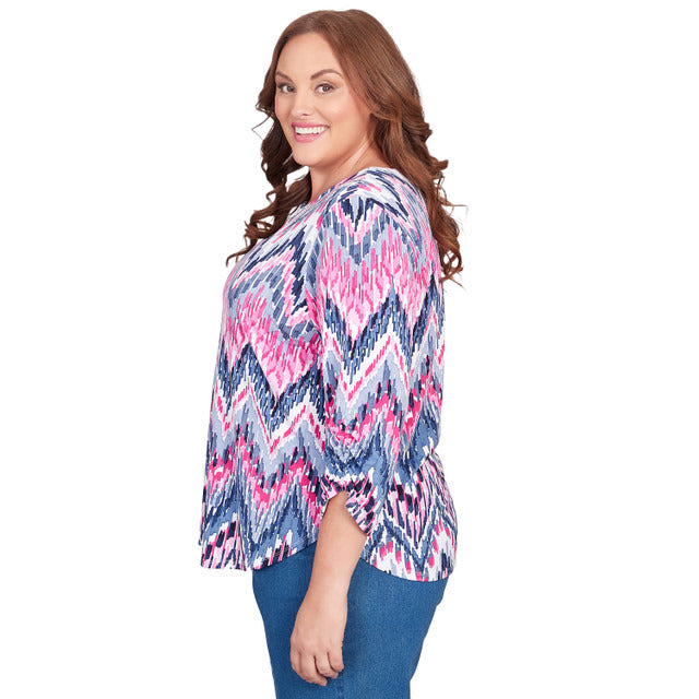 Alfred Dunner Women's Puff Print Ikat Chevron Split Neck Top