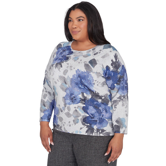 Alfred Dunner Women's Watercolor Floral Shimmer Crew Neck Sweater