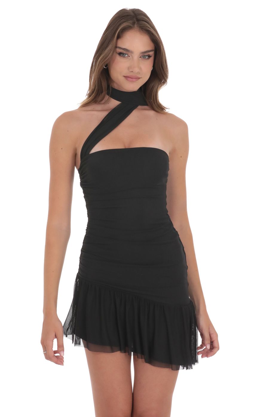Lucy In The Sky Asymmetrical Mesh Scarf Dress in Black