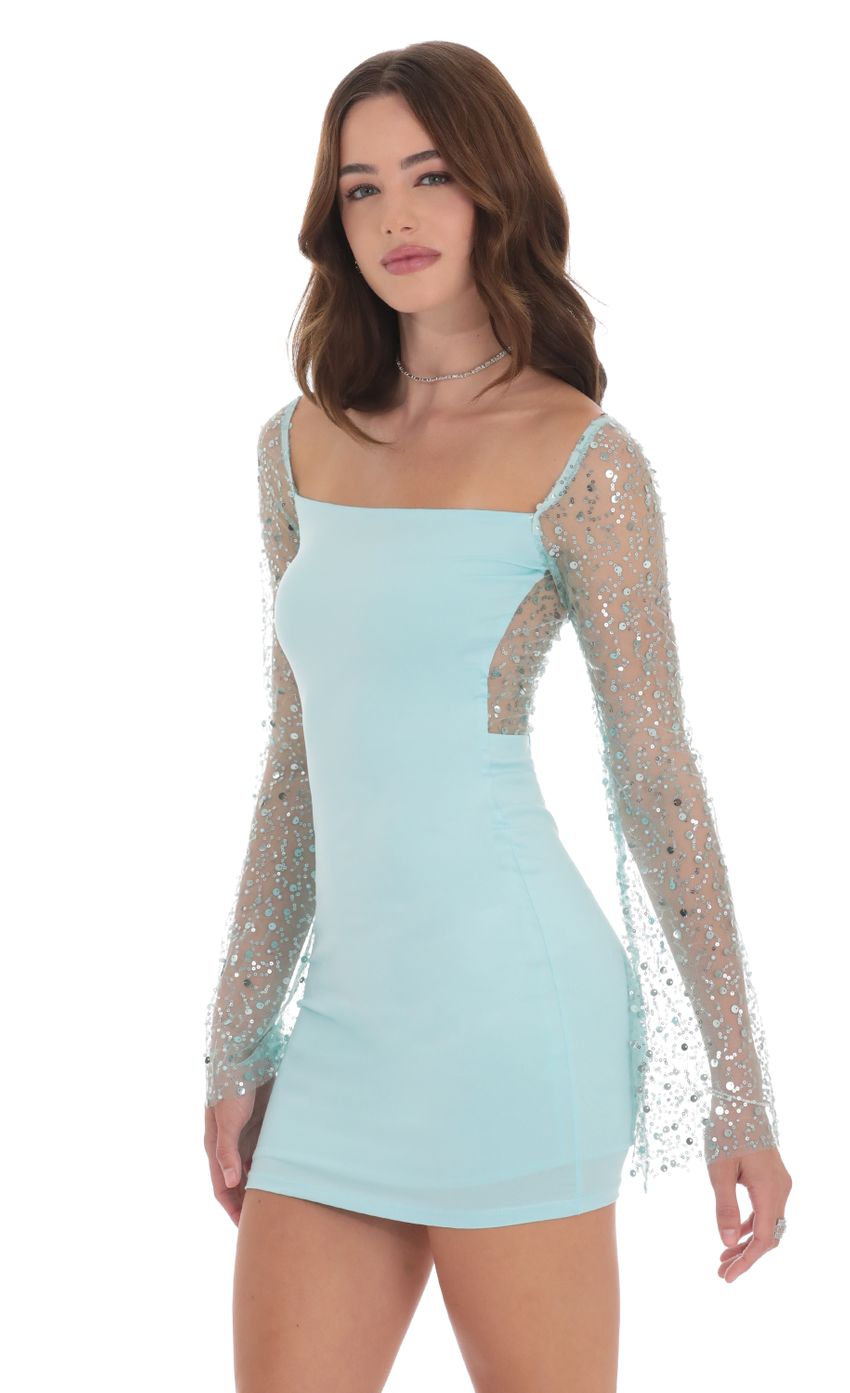 Lucy In The Sky Sequin Long Sleeve Dress in Sky Blue
