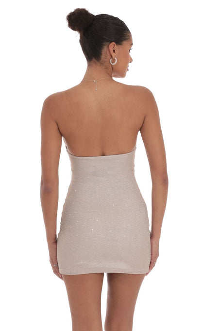 Lucy In The Sky Glitter Strapless Bodycon Dress in Taupe