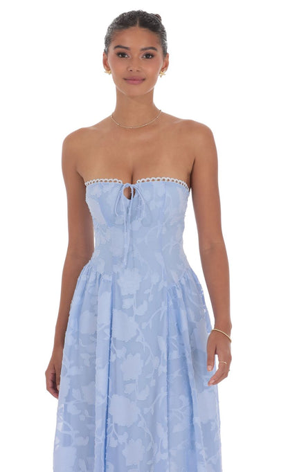 Lucy In The Sky Floral Lace-Up Maxi Dress in Light Blue