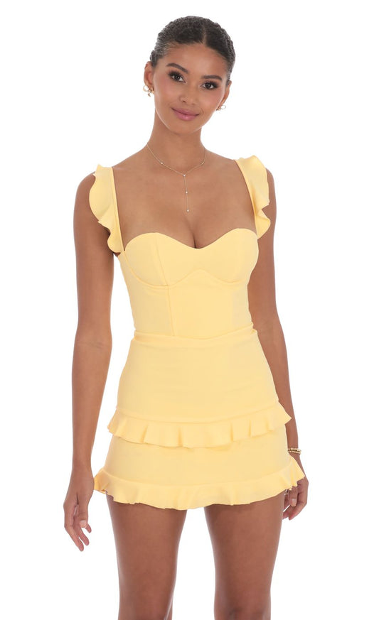 Lucy In The Sky Ruffle Corset Dress in Yellow