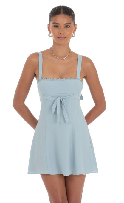 Lucy in the Sky Shimmer Ribbon Embroidered Trim Dress in Blue
