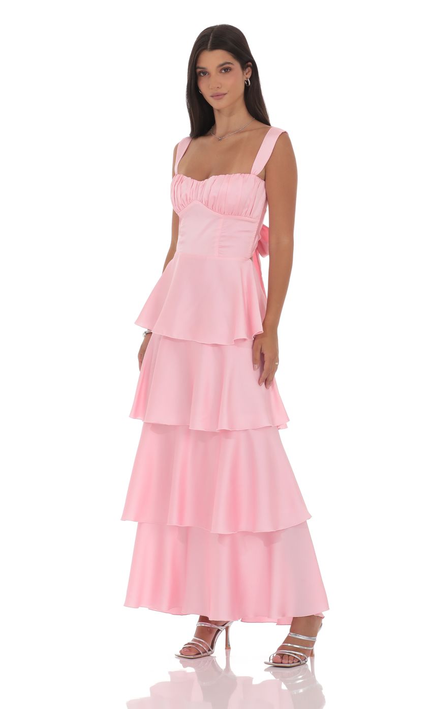 Lucy In The Sky Satin Ruffle Maxi Dress in Pink