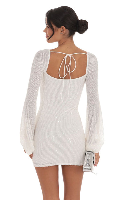 Lucy In The Sky Sequin Balloon Sleeve Dress in White