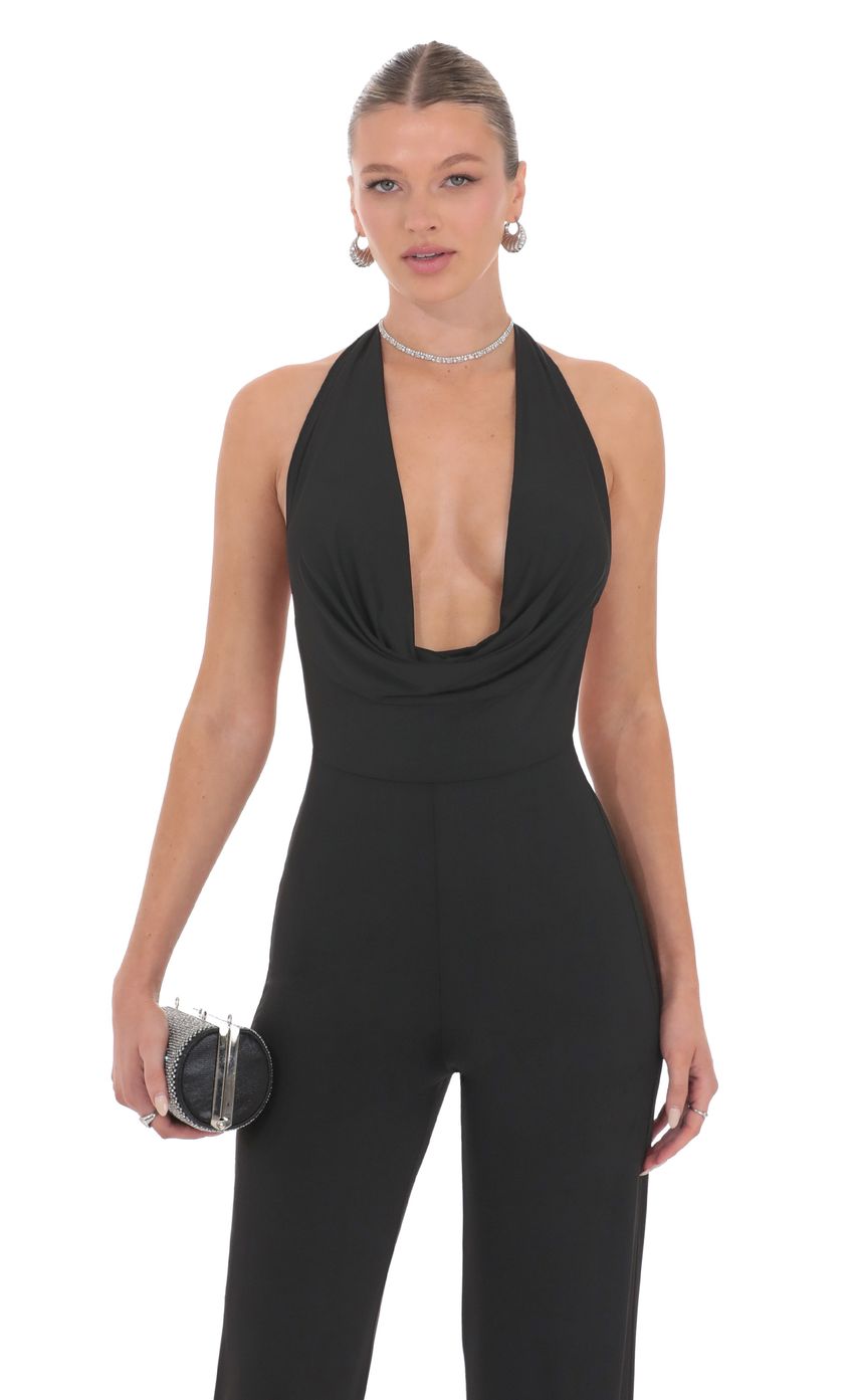 Lucy In The Sky Halter Plunge Neck Jumpsuit in Black
