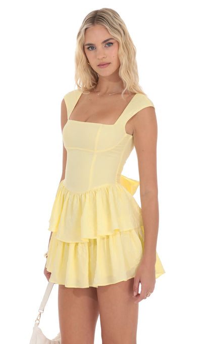 Lucy In The Sky Floral Jacquard Wide Strap Ruffle Dress in Yellow