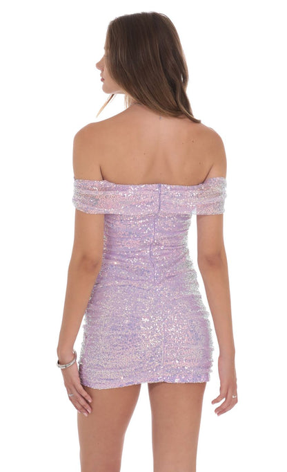 Lucy In The Sky Iridescent Sequin Off Shoulder Dress in Lavender