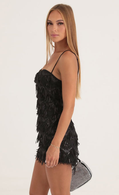Lucy In The Sky Tulle Sequin Fringe Dress in Black
