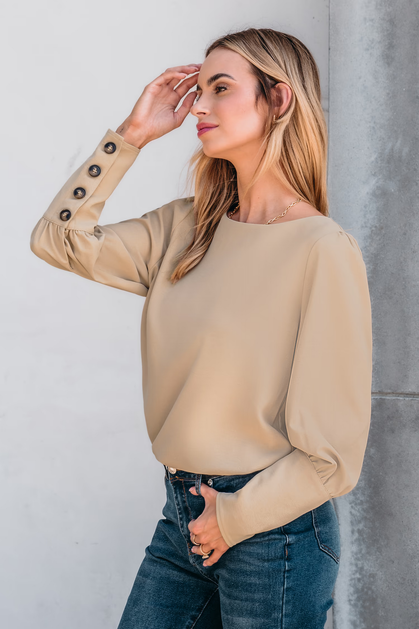 Cupshe Khaki Round Neck Puff Sleeve Back Button Blouse (x2)