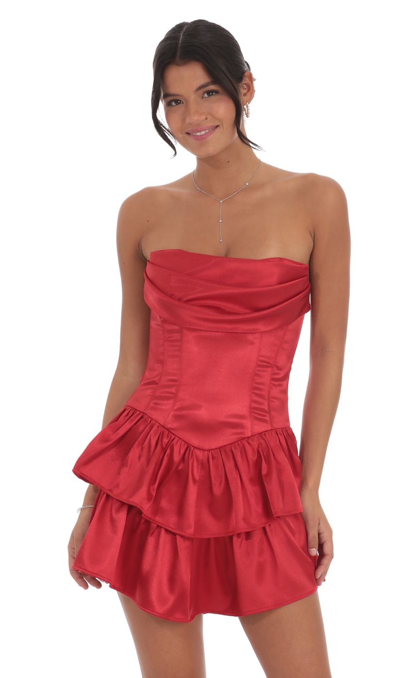 Lucy In The Sky White Satin Corset Strapless Dress in Red