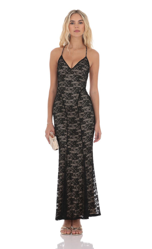 Lucy In The Sky Lace V-Neck Mermaid Dress in Black