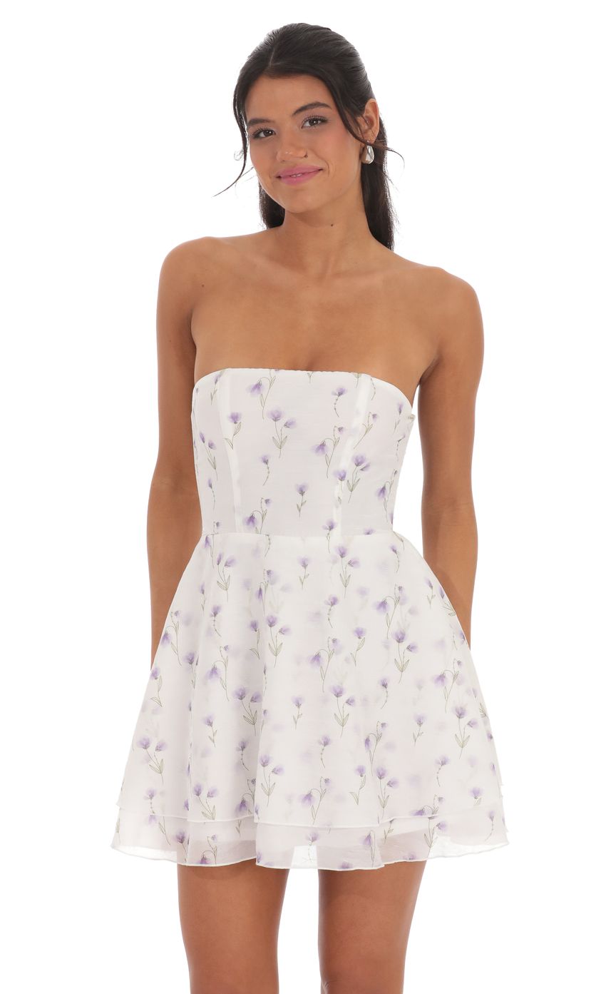 Lucy In The Sky Floral Sheen Strapless A-line Dress in White