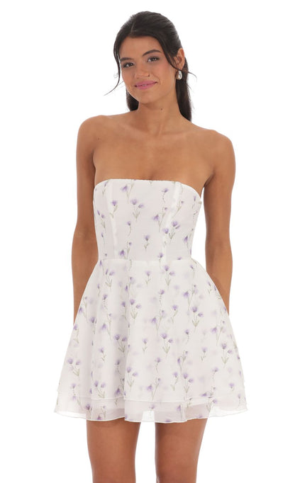 Lucy In The Sky Floral Sheen Strapless A-line Dress in White