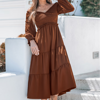 Cupshe Brown Off-Shoulder Smocked Bodice Poet Sleeve Midi Dress