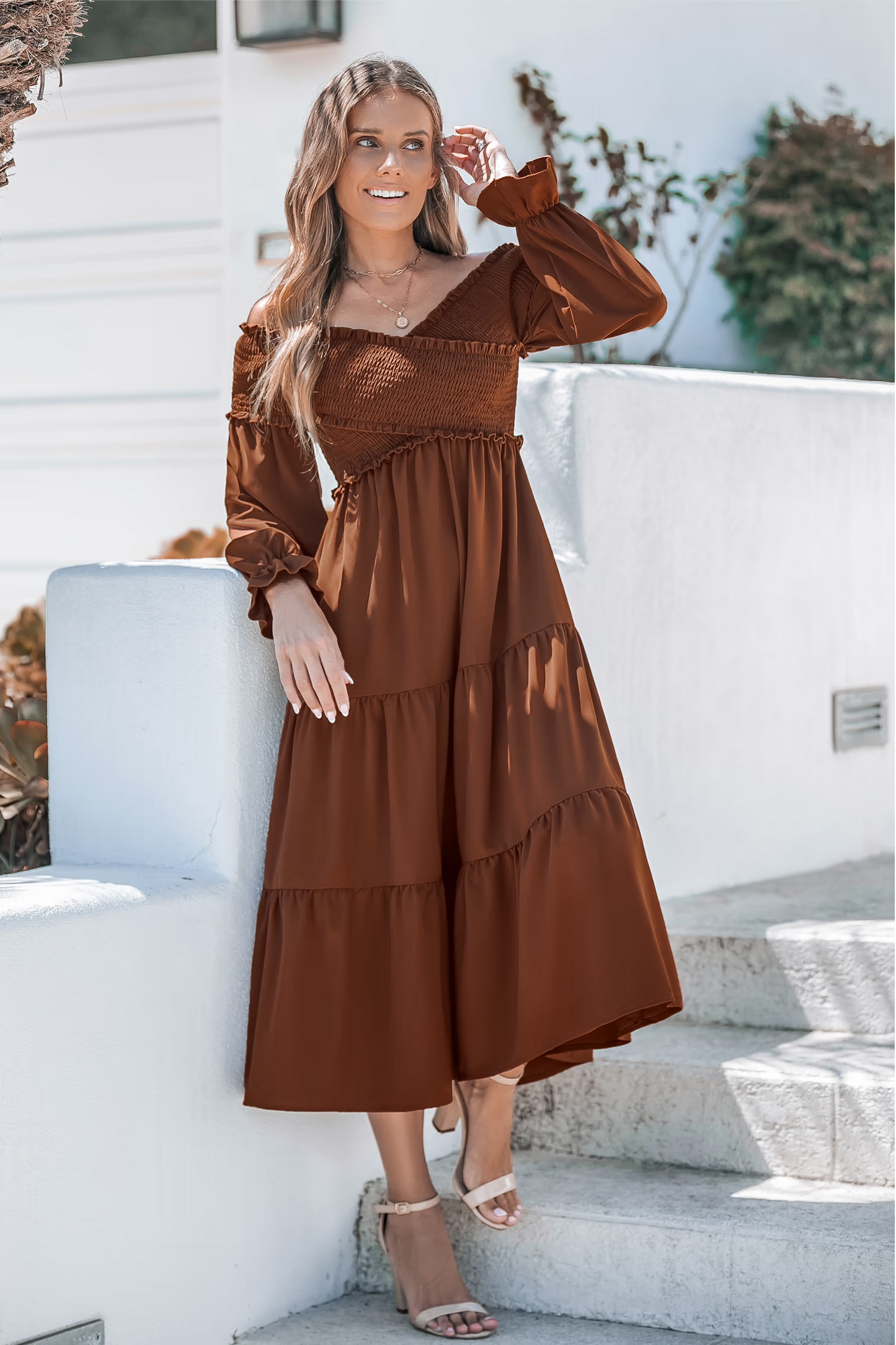 Cupshe Brown Off-Shoulder Smocked Bodice Poet Sleeve Midi Dress