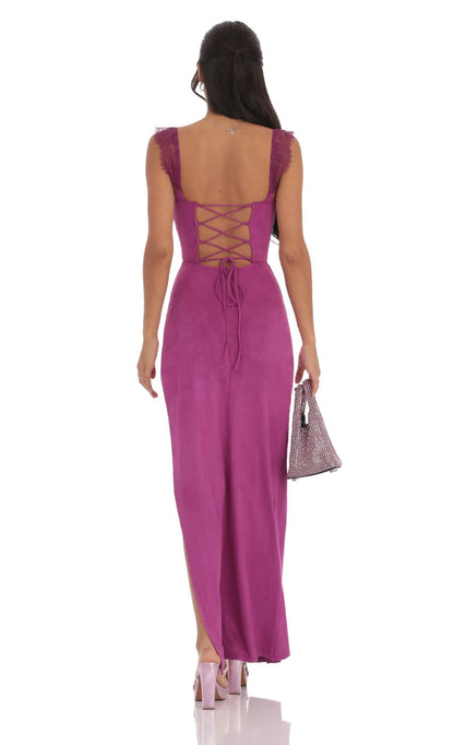 Lucy in the Sky Suede Draped Lace Maxi Dress in Magenta