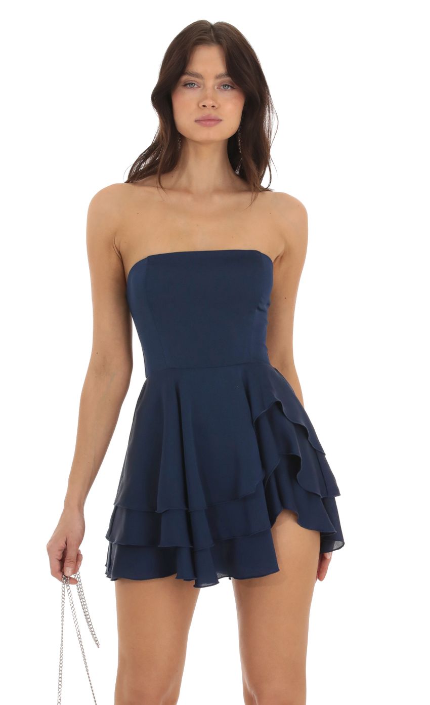 Lucy In The Sky Satin Strapless Asymmetrical Dress in Navy