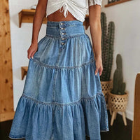 Ursime Boho Denim High Rise Button Tiered Maxi Skirt